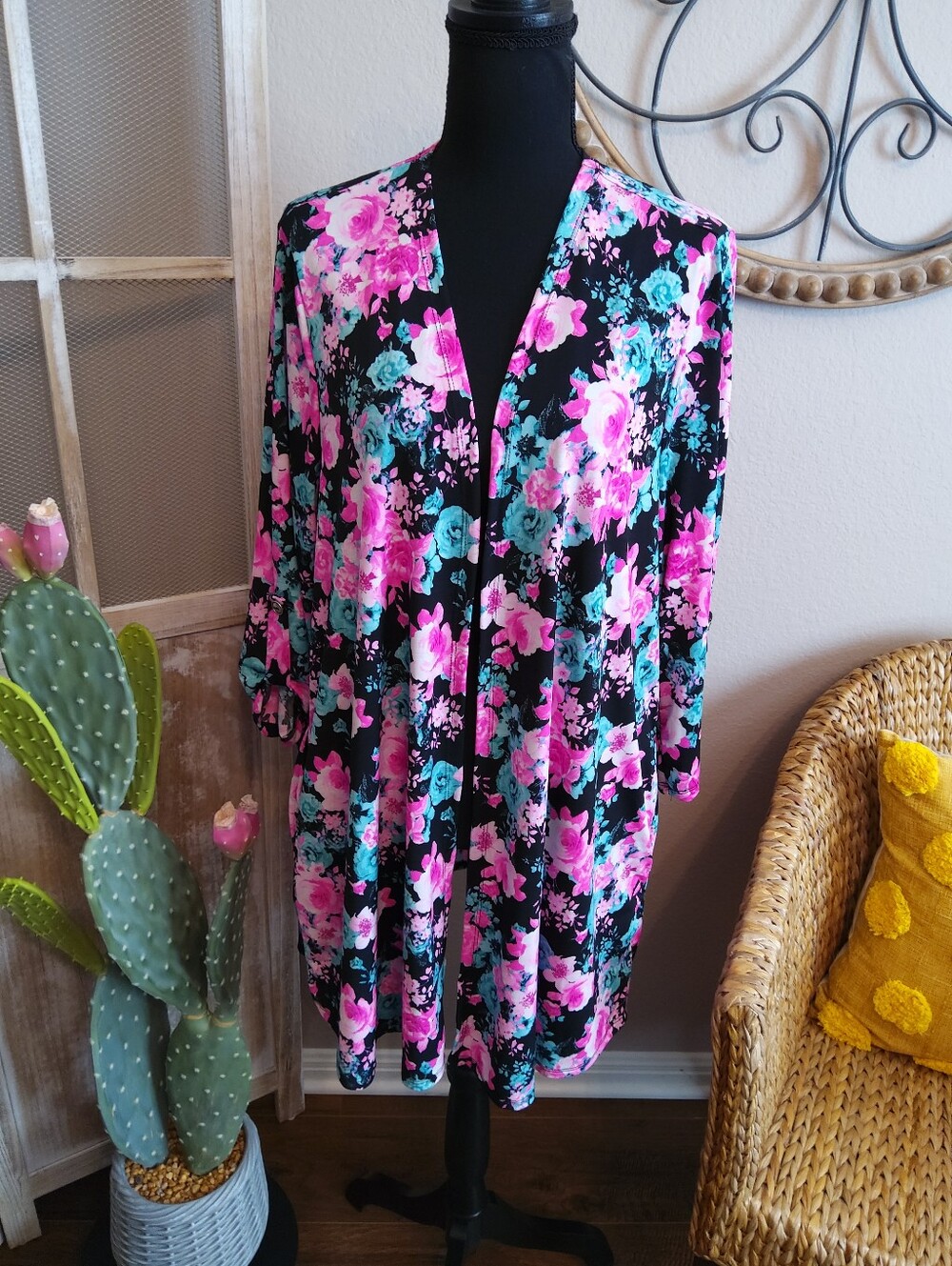Dear Scarlett Floral Kimono in Black with Pink & Teal Accents